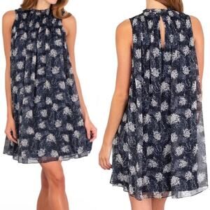 Joie Floral Print A Line Mini Dress Silky Pleated High Neck Navy NEW Womens L